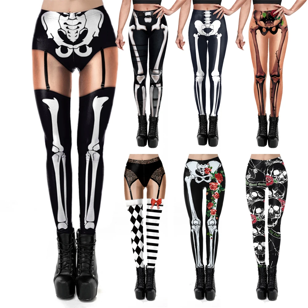 VIP FASHION szkieletowe legginsy damskie Cosplay seksowne elastyczne spodnie obcisłe kostium na Halloween 3D drukowane legginsy treningowe Fitness