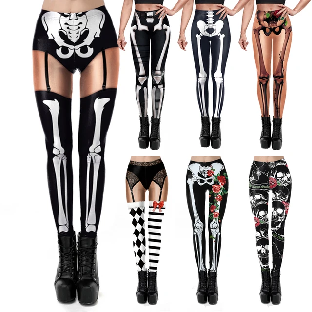 VIP FASHION szkieletowe legginsy damskie Cosplay seksowne elastyczne spodnie obcisłe kostium na Halloween 3D drukowane legginsy treningowe Fitness