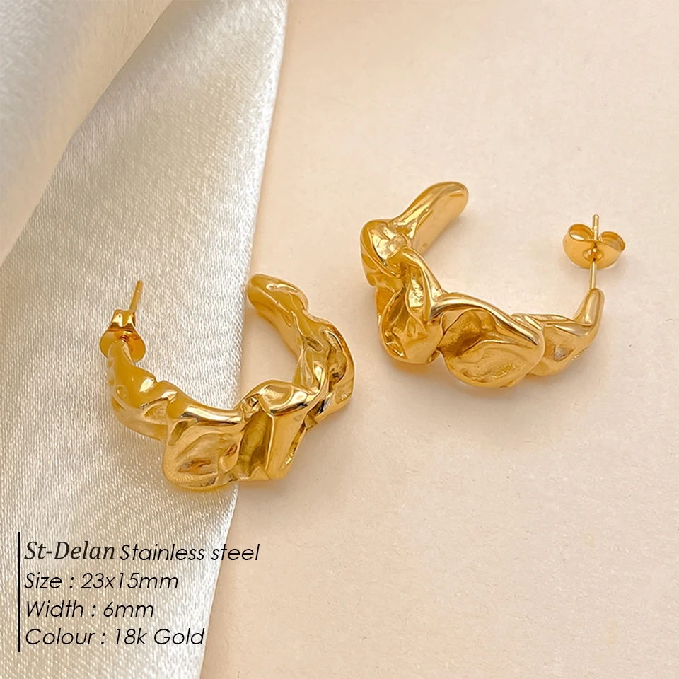 Gold Color Irregular Wrinkled Hoop Earrings, Chunky Textured C-Hoop Earrings for Women Statement Jewelry
