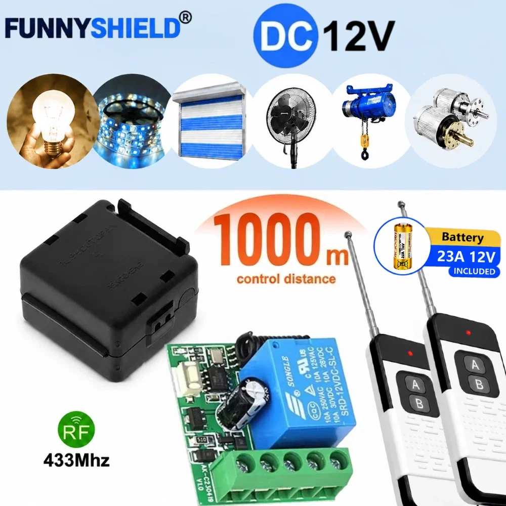 FUNNYSHIELD RF 433Mhz Wireless Remote Control Switch DC 12V Relay Module and 1000M Transmitter for Electromagnetic Lock Lamp LED