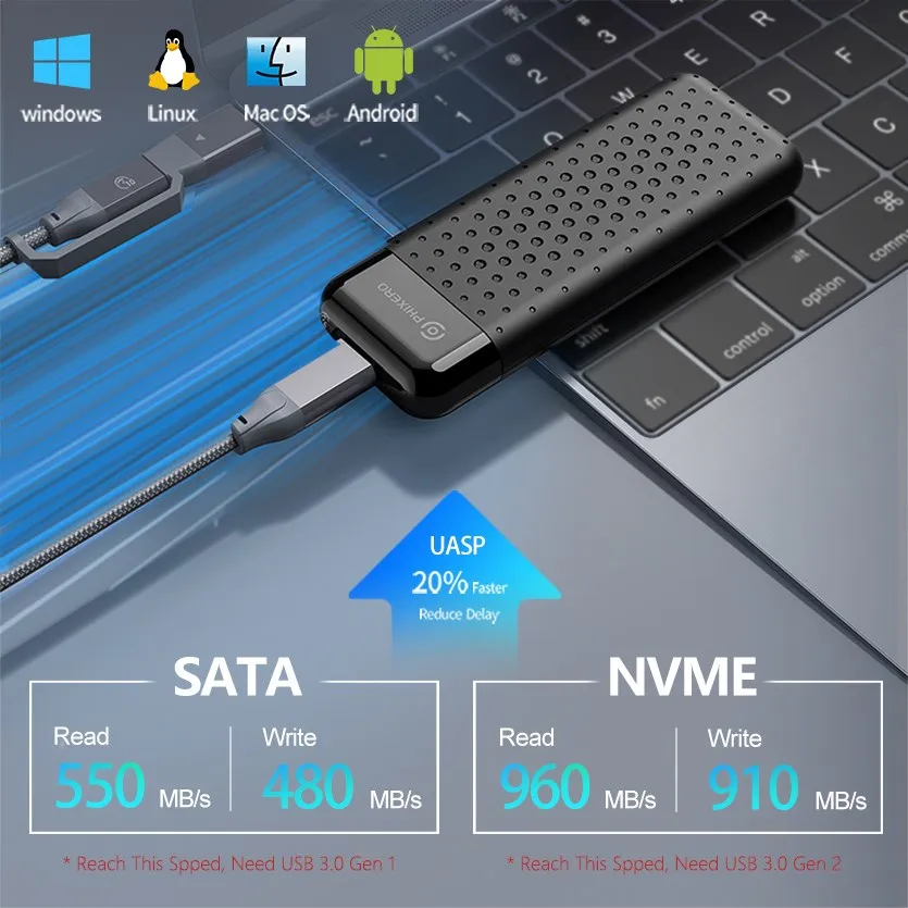 Phixero m.2nvme ssd-ヒートシンク,統合アルミニウムハウジング,usb c 3.1 gen 2 10gbps to nvme pcie外部エンクロージャー,pc