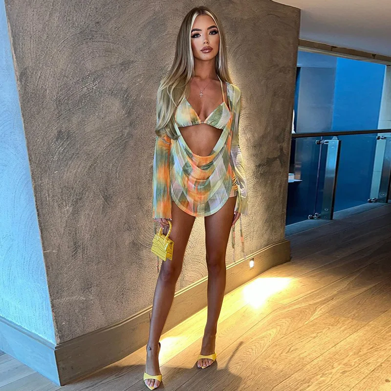 Colorful Long Sleeve Backless Lace Up Sexy Top Bikini Skirts 3 Pcs Set 2023 Spring Women Fashion Beach Vacation Outfits