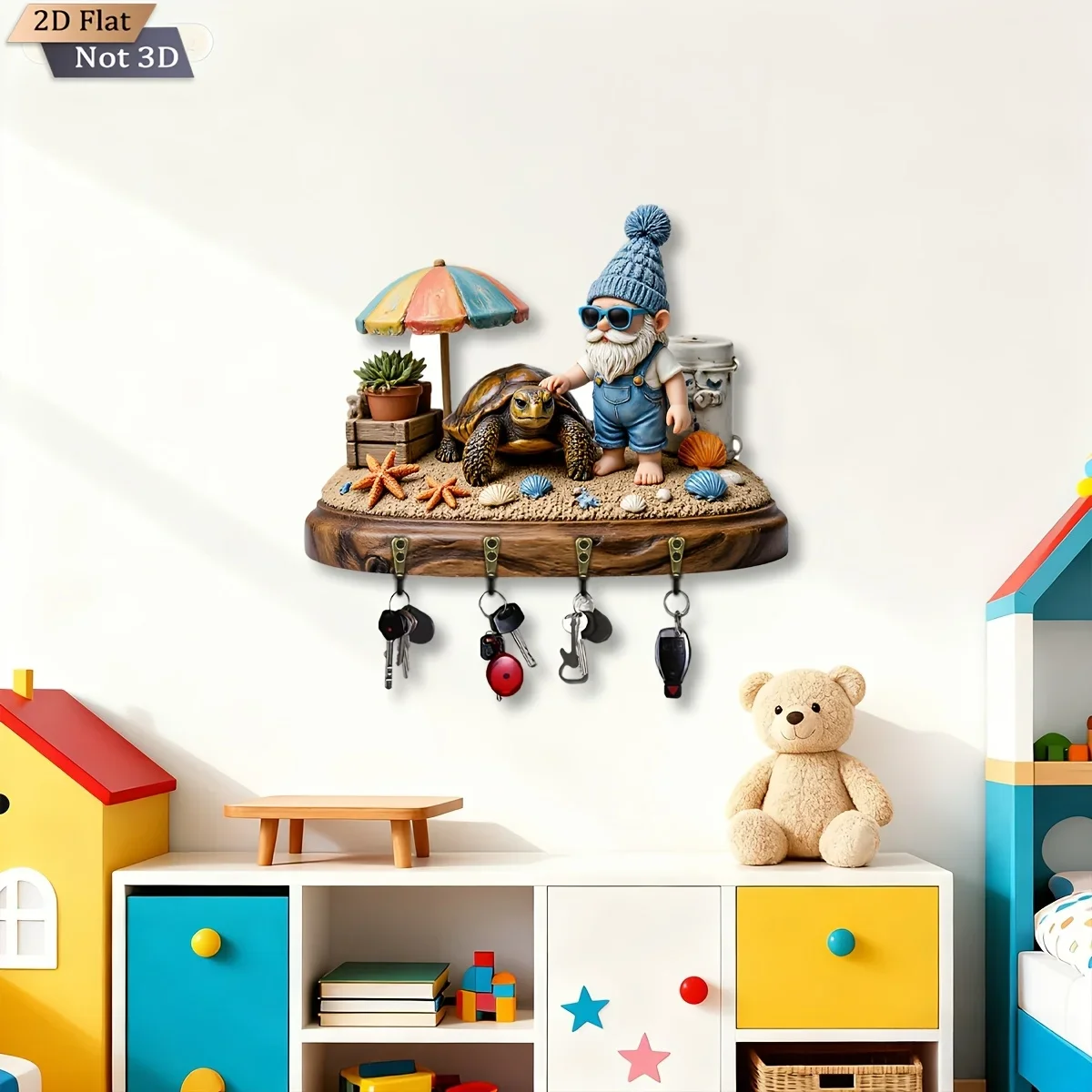 2D Flat, 1pc, Ocean Theme Style Key Hook Wooden Multifunctional Home Key Holder with Four Metal Hooks, Wall Decoration, Porch