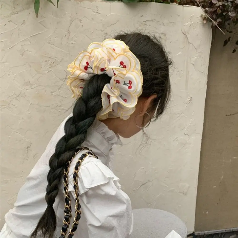 

Flower Shape Embroidery Cherry Lace Scrunchies Cloth Ballet Style Embroidered Large Hair Scrunchies Hair Ring Ponytail Holder