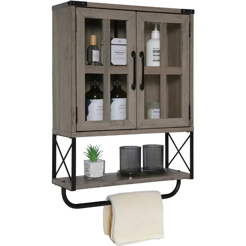 

Farmhouse Medicine Cabinet with Cross Glass Doors, Wood Wall Storage Cabinet, 3-Tier Rustic Bathroom Cabinet