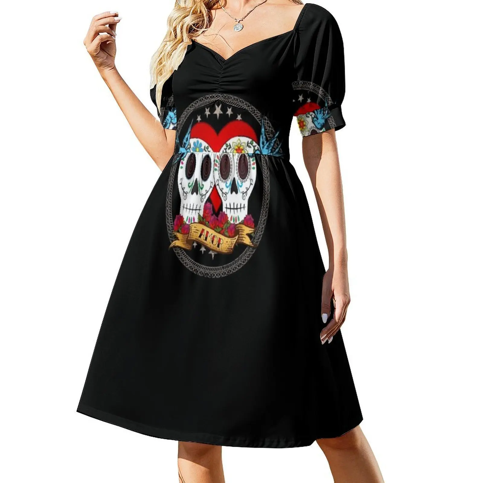 الحب الجماجم فستان بفتحة عنق على شكل قلب أنيق الصيف فستان الحفلات للنساء يوم الموتى ضياء دي لوس Muertos فستان المرأة #2