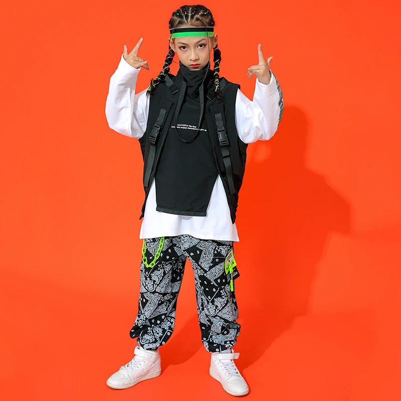 Nieuwe Kids Hiphop Dance Kostuum Jongens Meisjes Jazz Performance Kleding Zwart Vest Print Broek Losse Street Dance Kleding Bl7224