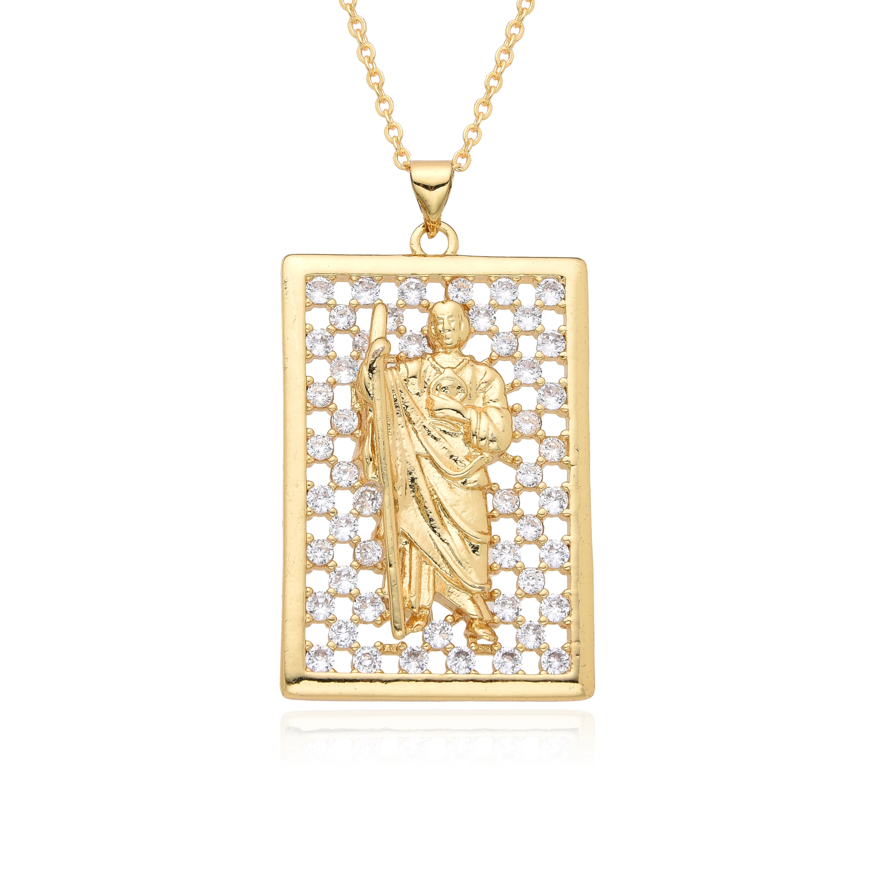 Gold Color Rectangle Guadalupe Jesus San Judas St. Benedict Charms Cubic Zirconia Necklace for Women Choker Pendant DIY Jewelry