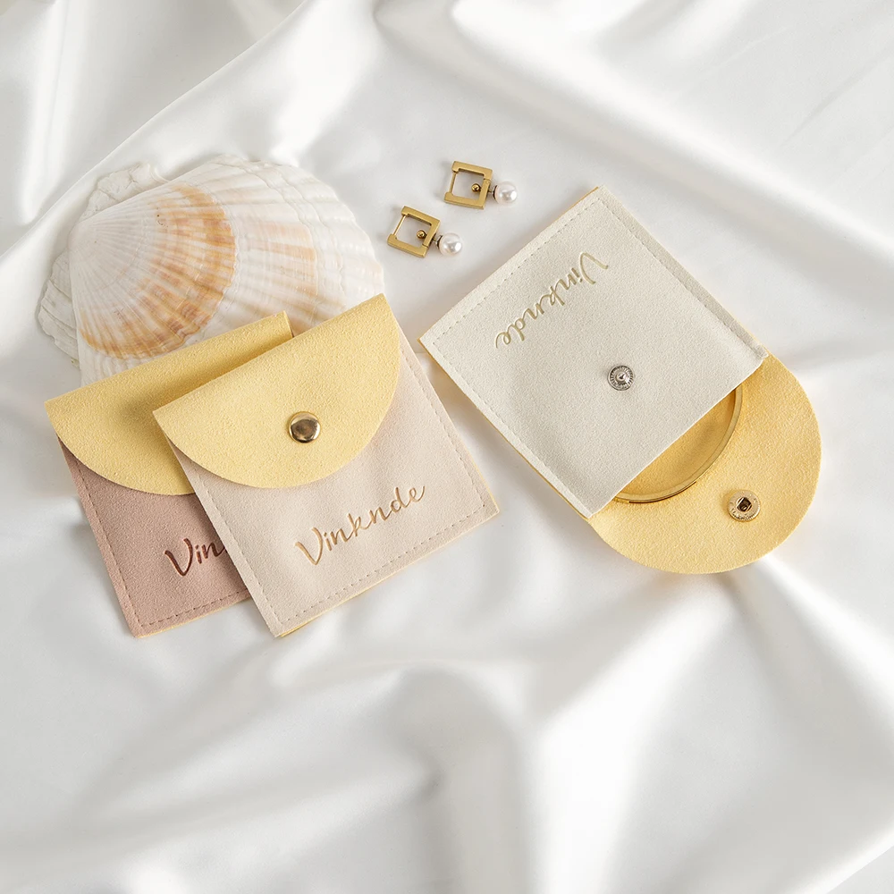 Custom Logo 8x8cm Jewelry Snap Bag Ring Earring Bracelet Microfiber Button Pouch Wedding Favors Christmas Gift Packaging Storage