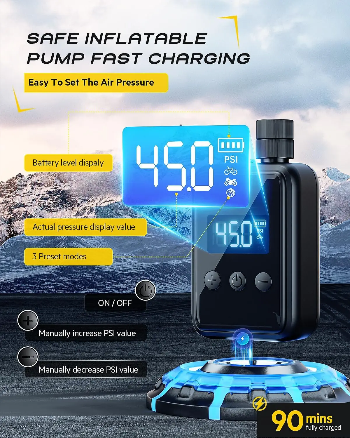 Electric Bike Pump, 120PSI Portable Bicycle Pump, Mini Bicycle Tire Pump with Pressure Gauge LCD Display, Presta and Schrader Va