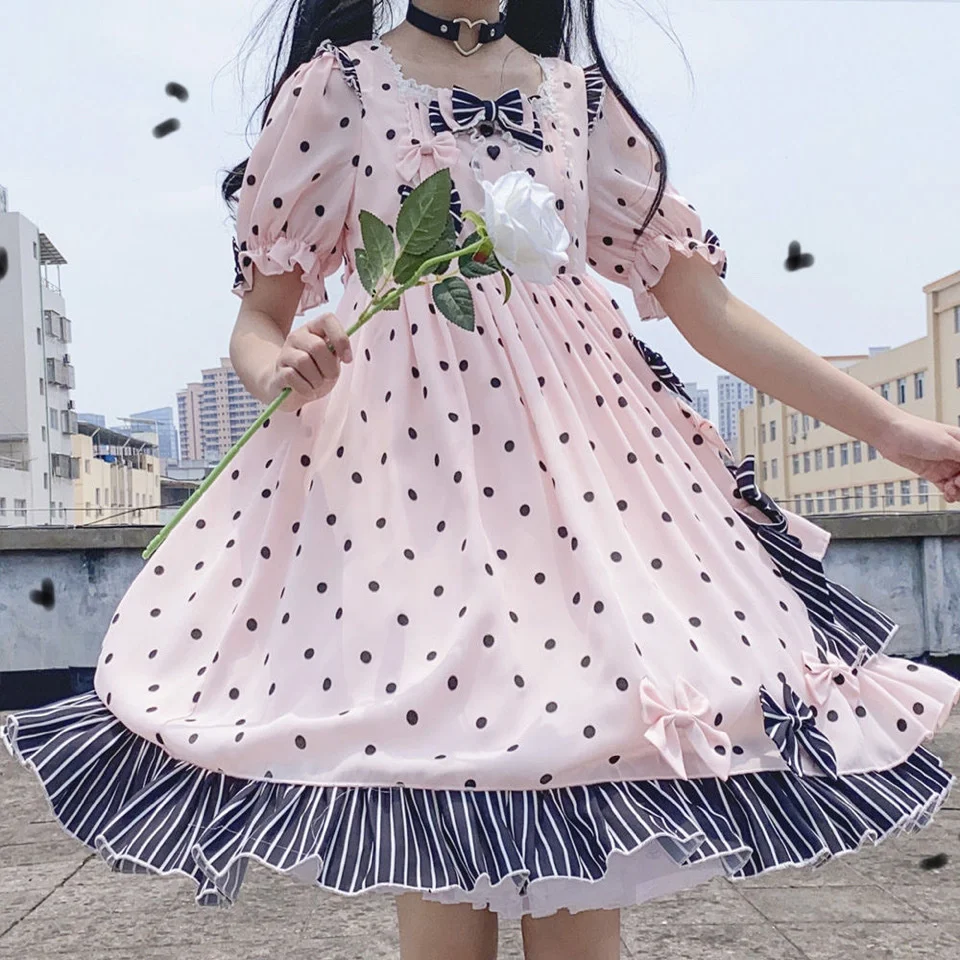 Vestido Lolita de manga curta com o pescoço, Vaca Pérola, Jardim, bolinhas, Diário, Roupa macia, Harujuku, Gótica, Edição de verão