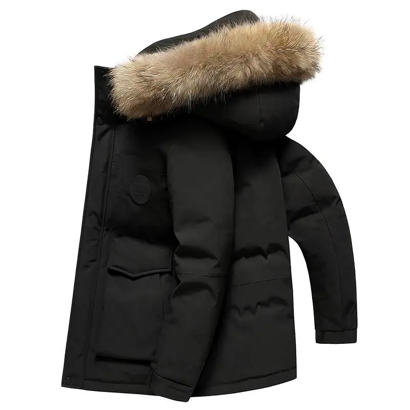 Jaket Pria Musim Dingin Kasual Hangat Berbahan Bulu Bebek, Streetwear dengan Kerah Bulu & Tudung Lepas Pasang, Mantel Puffer Tebal untuk Luar Ruangan, Parka Berlapis Tebal