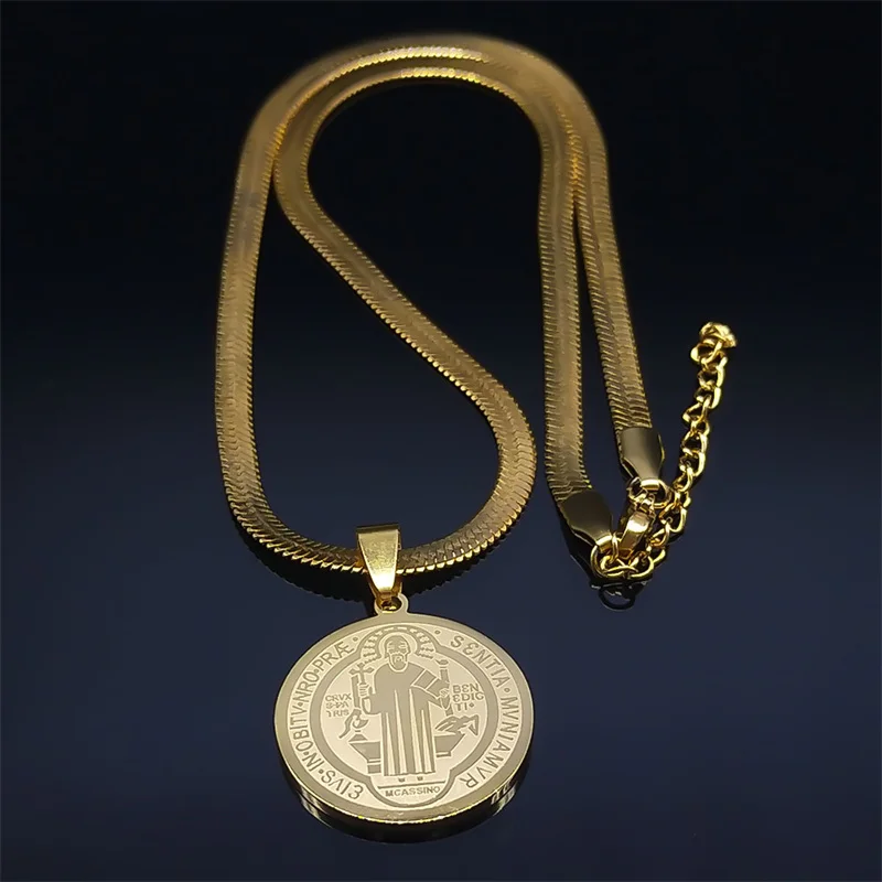 Hip Hop Saint Benedict Medallion Pendant Necklace Men Stainless Steel Snake Chain Choker Necklaces Jewelry San Benito Collares