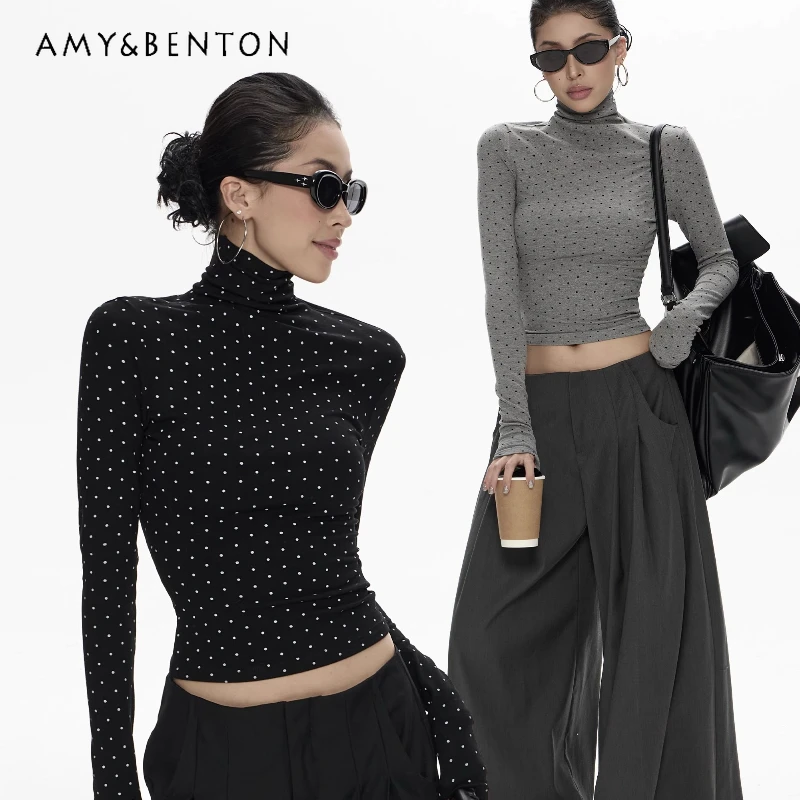 

Осенняя новая женская нижняя рубашка с ворсовым воротником и длинными рукавами в горошек, винтажный дизайн, короткая футболка для похудения для девочек