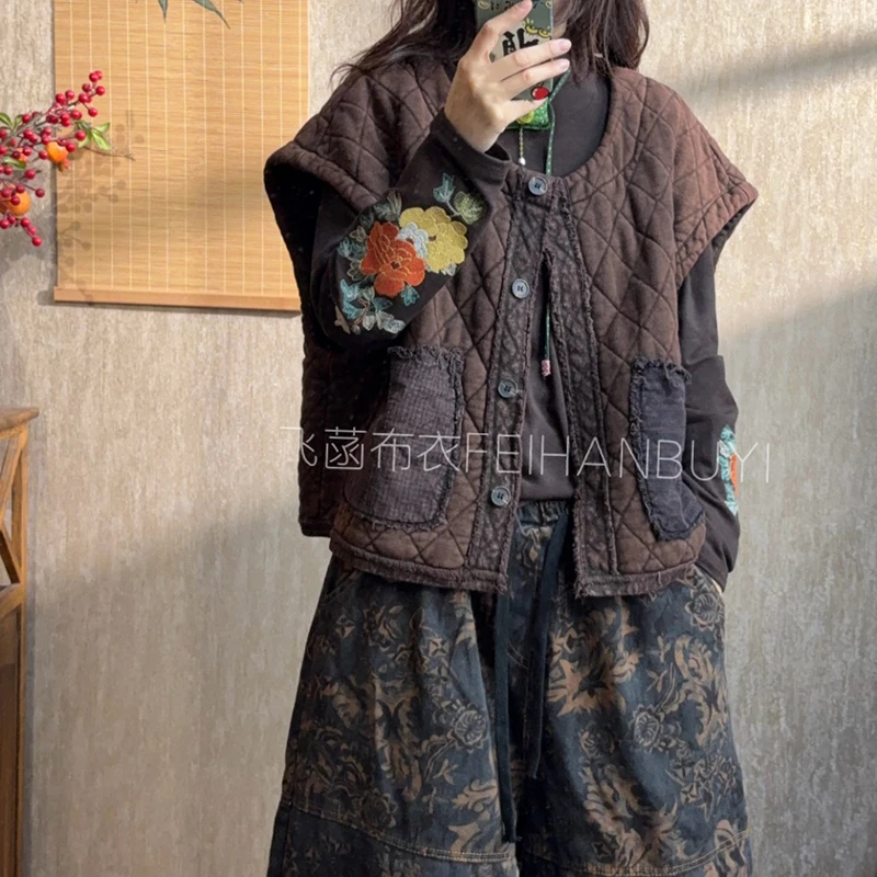 

25 New Arrival Autumn/winter Women Single Breasted Sleeveless Cotton Casual Loose Vintage Parkas Pocket Patchwork Vest Coats F84