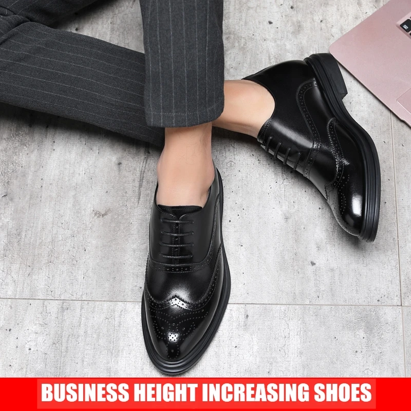 Platform High Heel 6/8 CM Height Increase Casual Men Brogue Genuine Leather Shoes Man Oxford Dress Shoes Elevator Formal Shoes