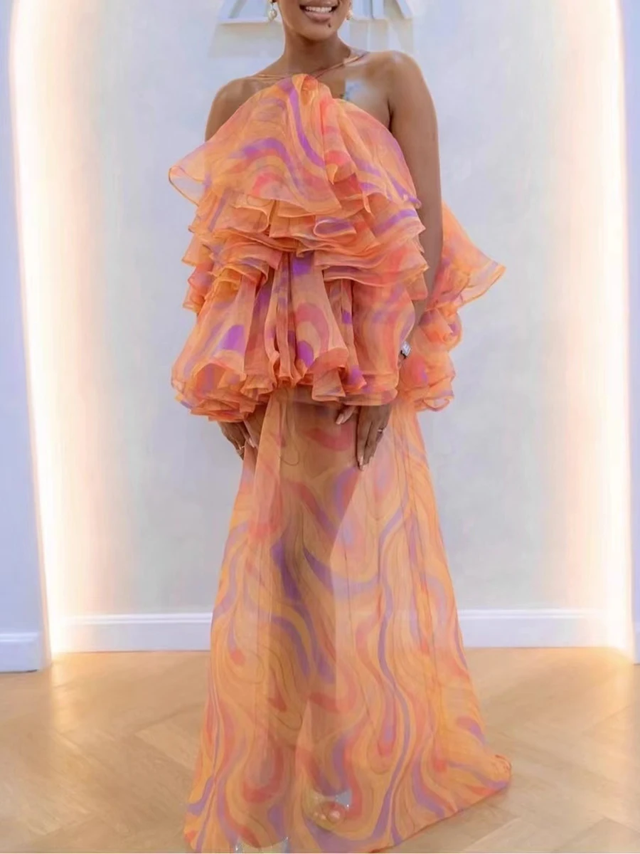 VGH موضة مساء بقماش شفاف فستان طويل للنساء الرسن تقسم متعدد الطبقات الكشكشة بلا أكمام فساتين الحفلات التدرج الإناث #3