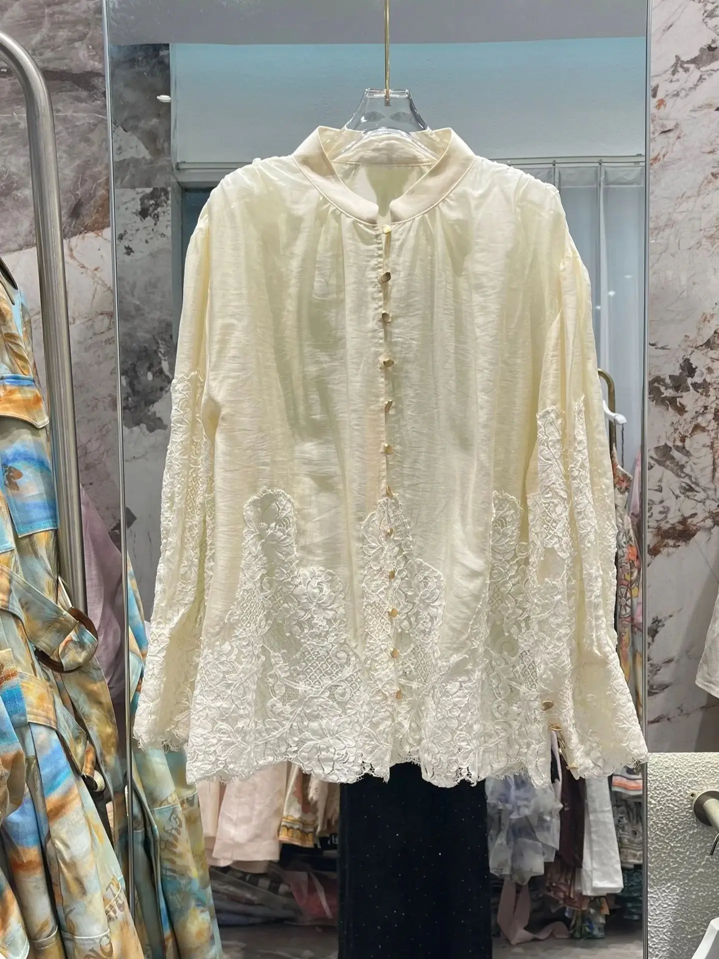 

Women Lace Embroidery Hollow Out Blouse Top Single Breasted Stand Collar Long Sleeve Elegant Linen Blend Shirt