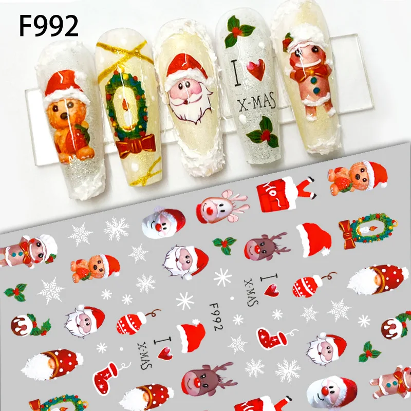 Calcomanías navideñas para uñas, diseños de árbol, Santa, reno, muñeco de nieve 5