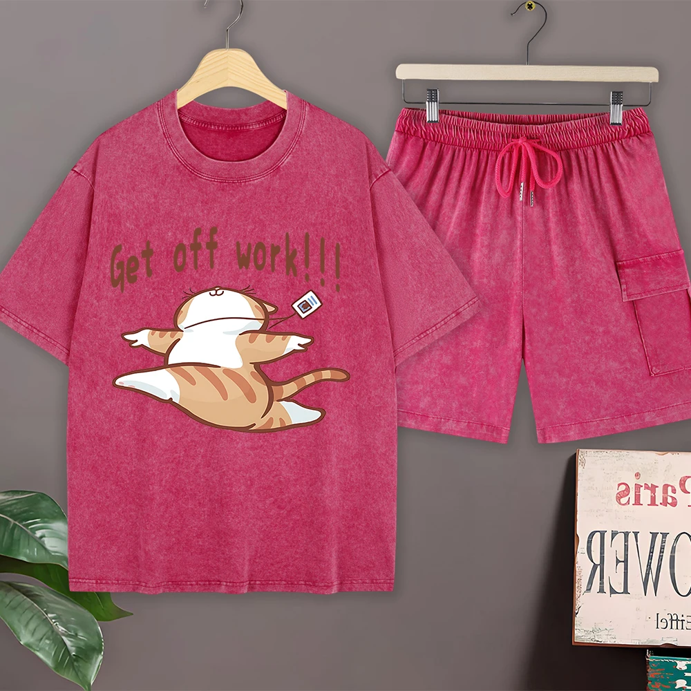 

Мужской летний комплект: футболка оверсайз с коротким рукавом и шорты карго, хлопок, с принтом «Кот с ножом», круглый вырез