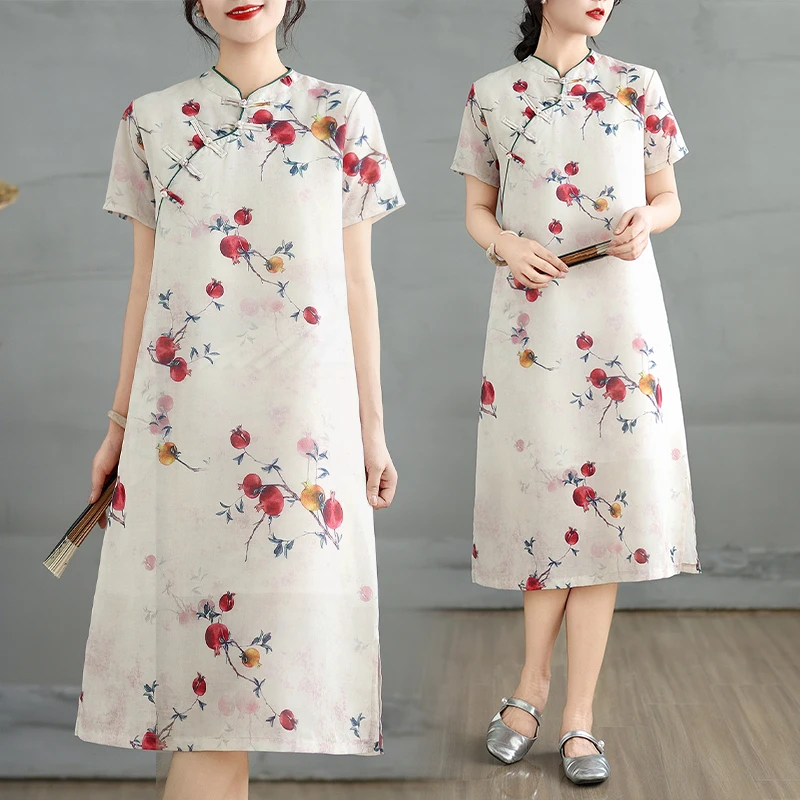 

Slimming Large Size Cotton Linen Qipao Dress Summer Lightweight Stand Collar Short Sleeve Button Detail Printed Design Casual...