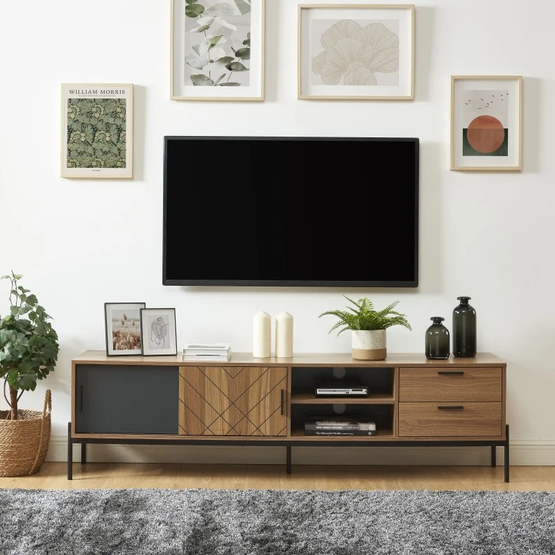 Living Bedroom Industrial Style Wooden TV Cabinet Dark Oak Finish Extendable 3D Pattern Sliding Doors Drawers Metal Legs