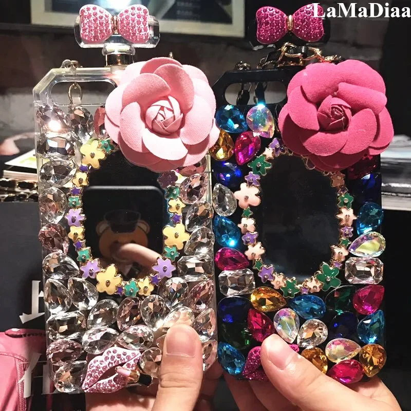 Luxury Bling Diamond Flower Mirror Perfume Bottle Handbag Lanyard Case For Samsung S24 S20 S21 S22PLUS S23 Ultra Note 10 20