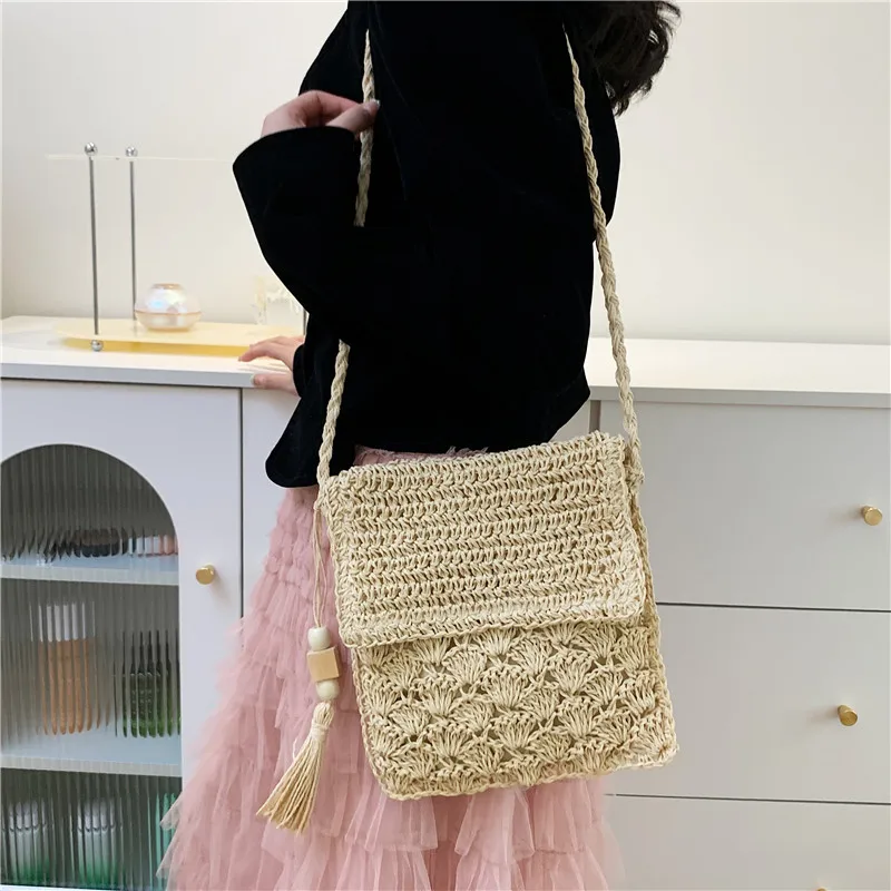 Einfache Stroh Umhängetaschen für Frauen Sommer gewebte Umhängetaschen Einkaufstasche Strand Handtasche Stroh Handtaschen Reisetasche