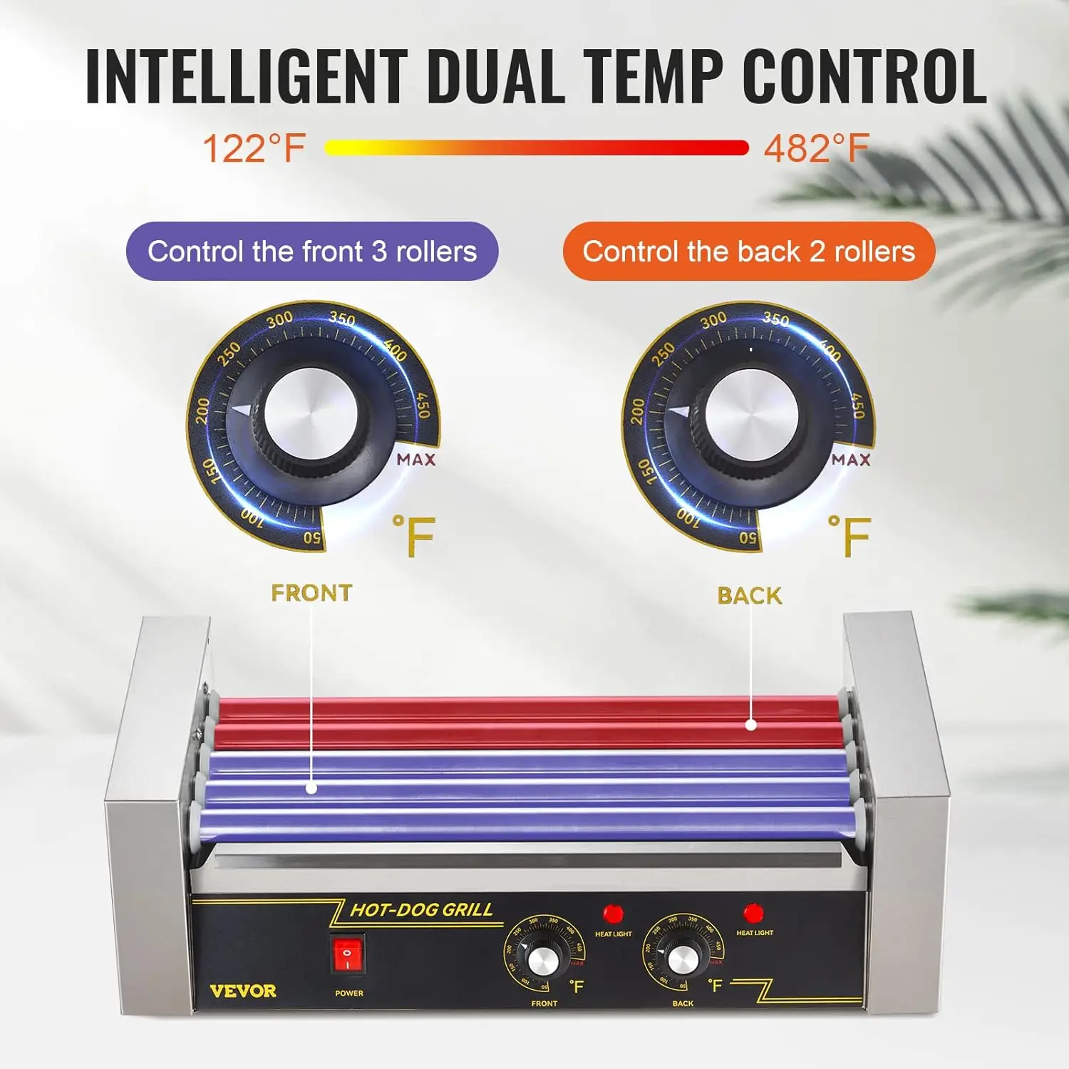 Máquina de fogão de salsicha inoxidável com controle duplo Temp Glass Hood, Hot Dog Roller, 5 Rollers, 12 Hot Dogs Capacidade, 750W