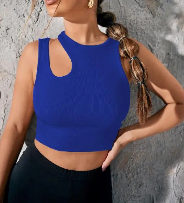 

Women's Sports Vest Summer New Fashion Trend Hollowed Out Shoulder Design Tight and Crop Exposed Sleeveless Knitted Vest