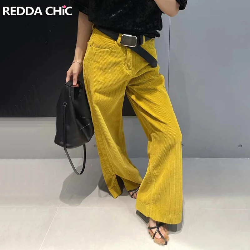 REDDACHiC Zipper Slit Corduroy Pants Women Loose Casual Solid Striped Wide Leg High Waist Long Trousers OL Work Vintage Clothes