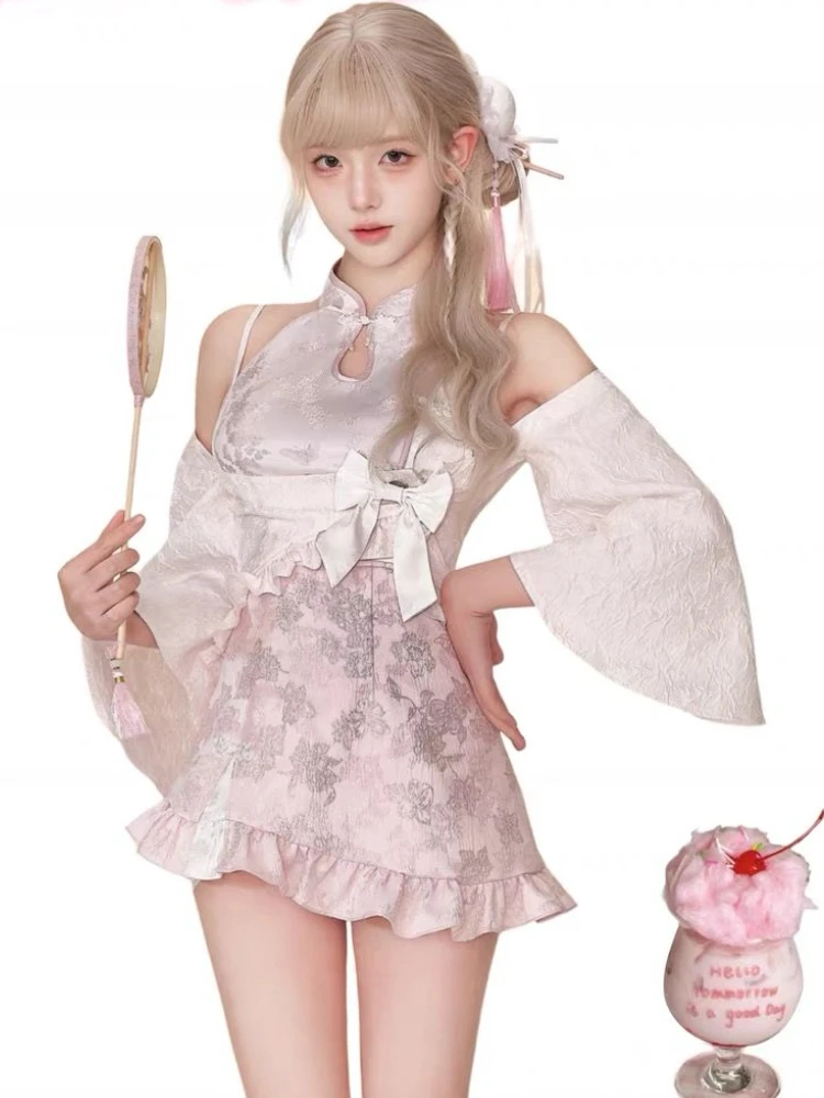 Autumn Kawaii New 2 Piece Set Women French Fashion Lace-up Lolita Skirt Suit Female Bow Fairy Coat+y2k Mini Cake Skirt Suit 2024