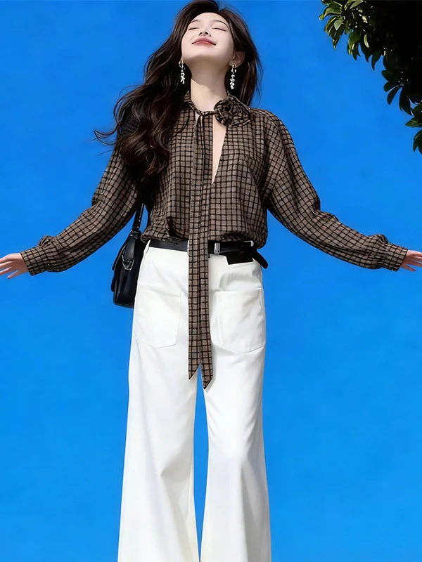 

Ретро-рубашка в клетку с длинным рукавом, кофейного цвета, женская, свободного кроя, с воротником, элегантный топ
