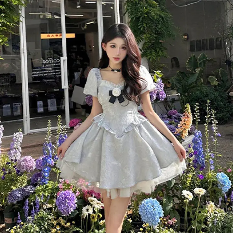 Gagarich Fashion French Gentle Princess Blue Bubble Sleeve Dress Women Summer New Slim Petite Figure Waist Fluffy Vestidos