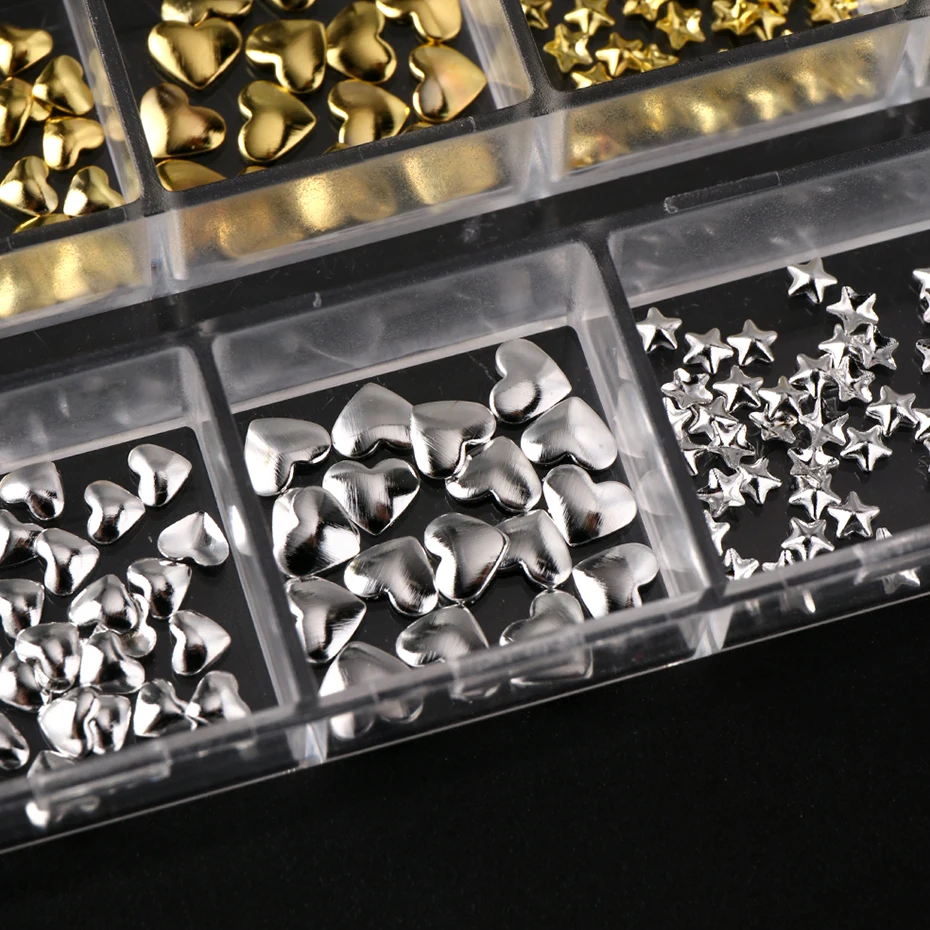 12 Grids Golden Silvery Stars Heart Nail Charms Metallic Stars Heart Sequins for Nails Suitable for Ramadan Women's Nail Decor view 4