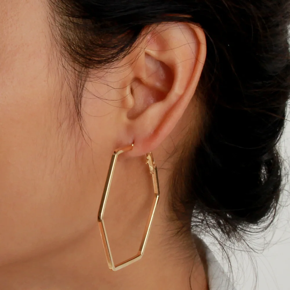 3 Colors Punk Style Geometric Hexagon Hoop Earrings For Women Statement Jewelry Fashion Metal Brincos