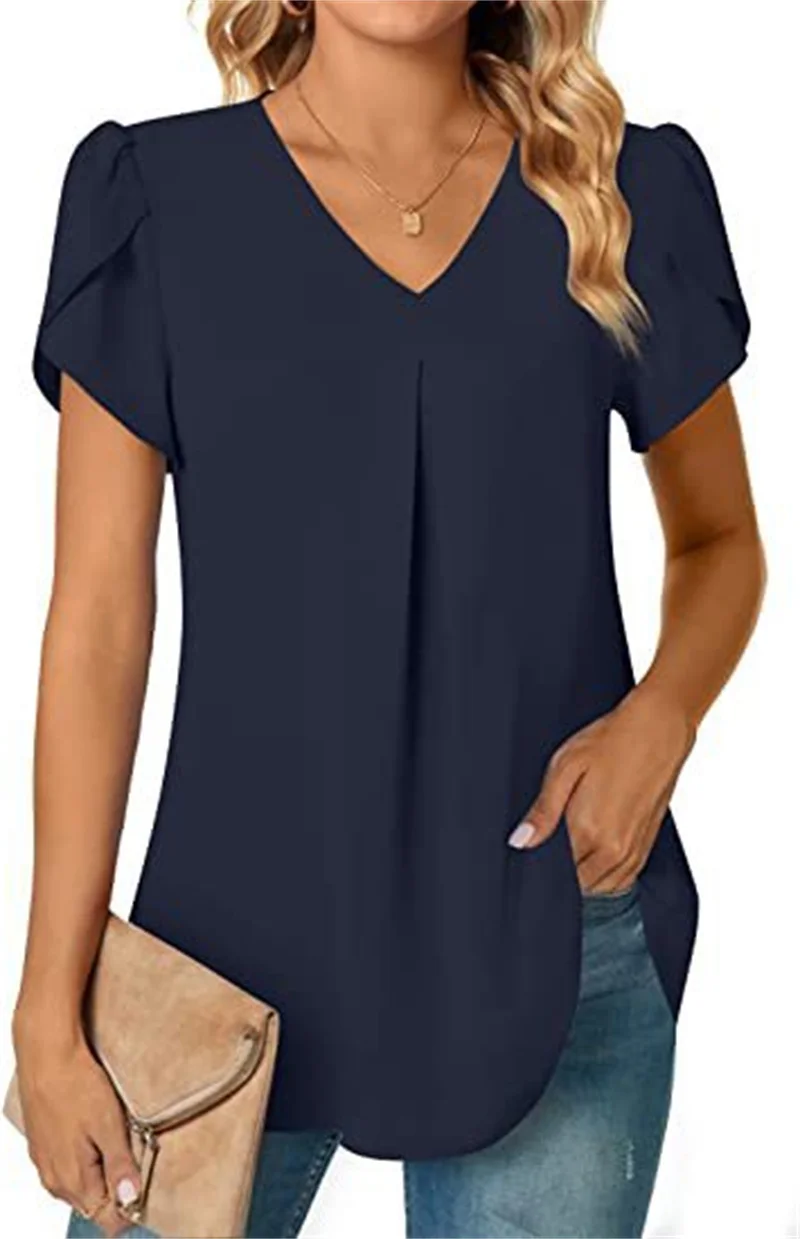 Sexy V Neck Ruffle Short Sleeve Blouse Shirts Summer Women V Neck Solid Color Loose OL Workout Blouse Tops 