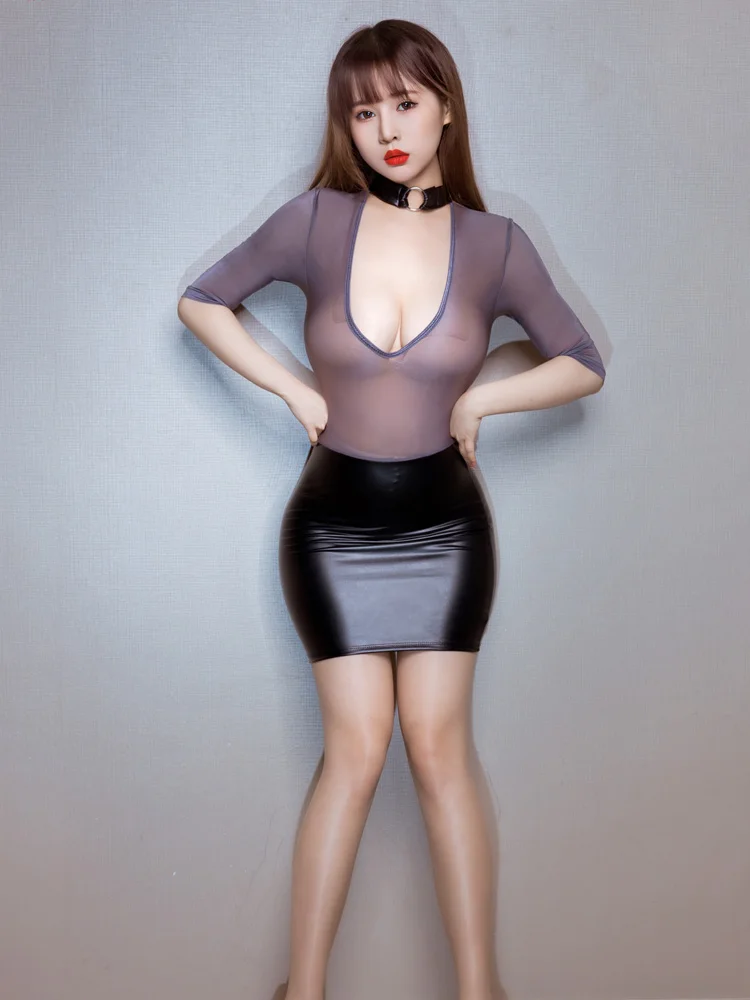 Sexy Women Double Use Micro Mini Dress PU Mesh Patchwork Wrap Hip Tight Dress Sheer See Through Bandage Cute Dress