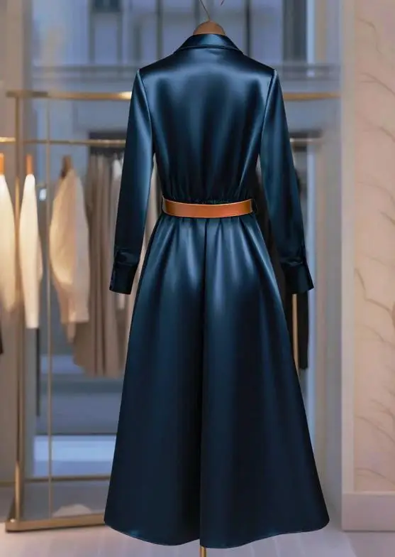 ชุดเดรสผ้าซาตินทรงเอ สีพื้น สำหรับฤดูใบไม้ร่วง แขนยาว ปกเสื้อแบบปกเชิ้ต กระดุมแถวเดียว ทรงเข้ารูป ดูดีมีสไตล์