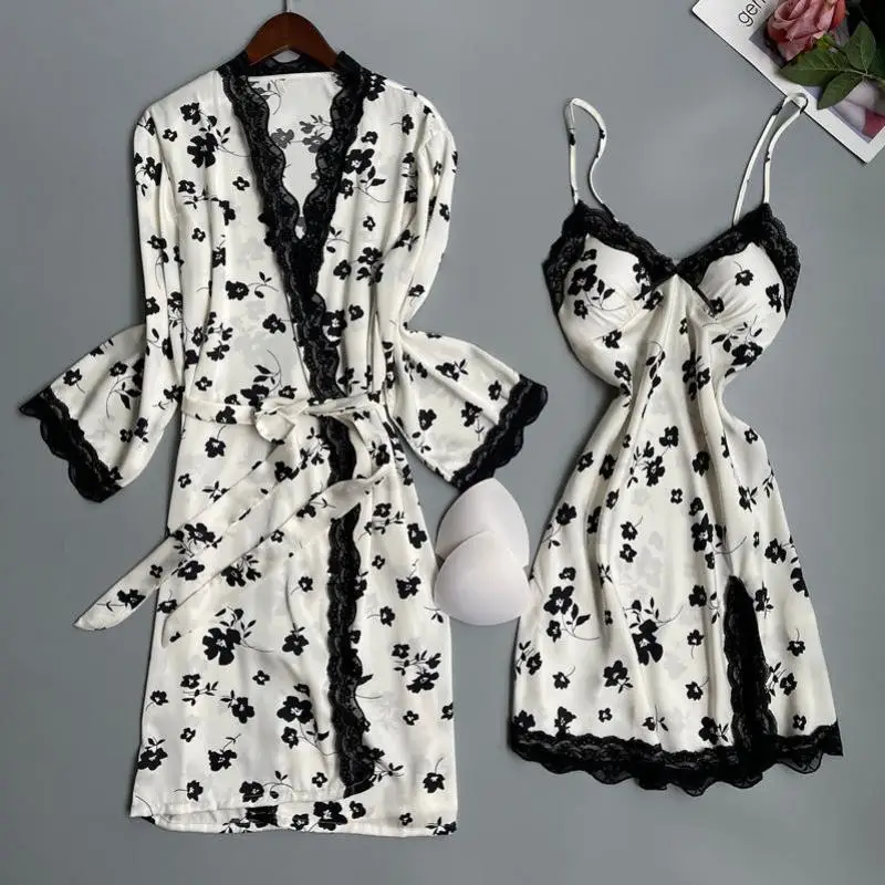 Twinset Lace Robe Set Women Sleepwear Nightgown New Female Kimono Bathrobe Gown Suit Sexy Spring Summer Silky Satin Home Dress