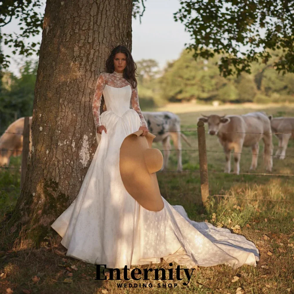 

Customized Lace Applique Wedding Dresses Elegant High-neck Long Sleeve For Women Charming Satin Bridal Gowns Vestidos De Novia