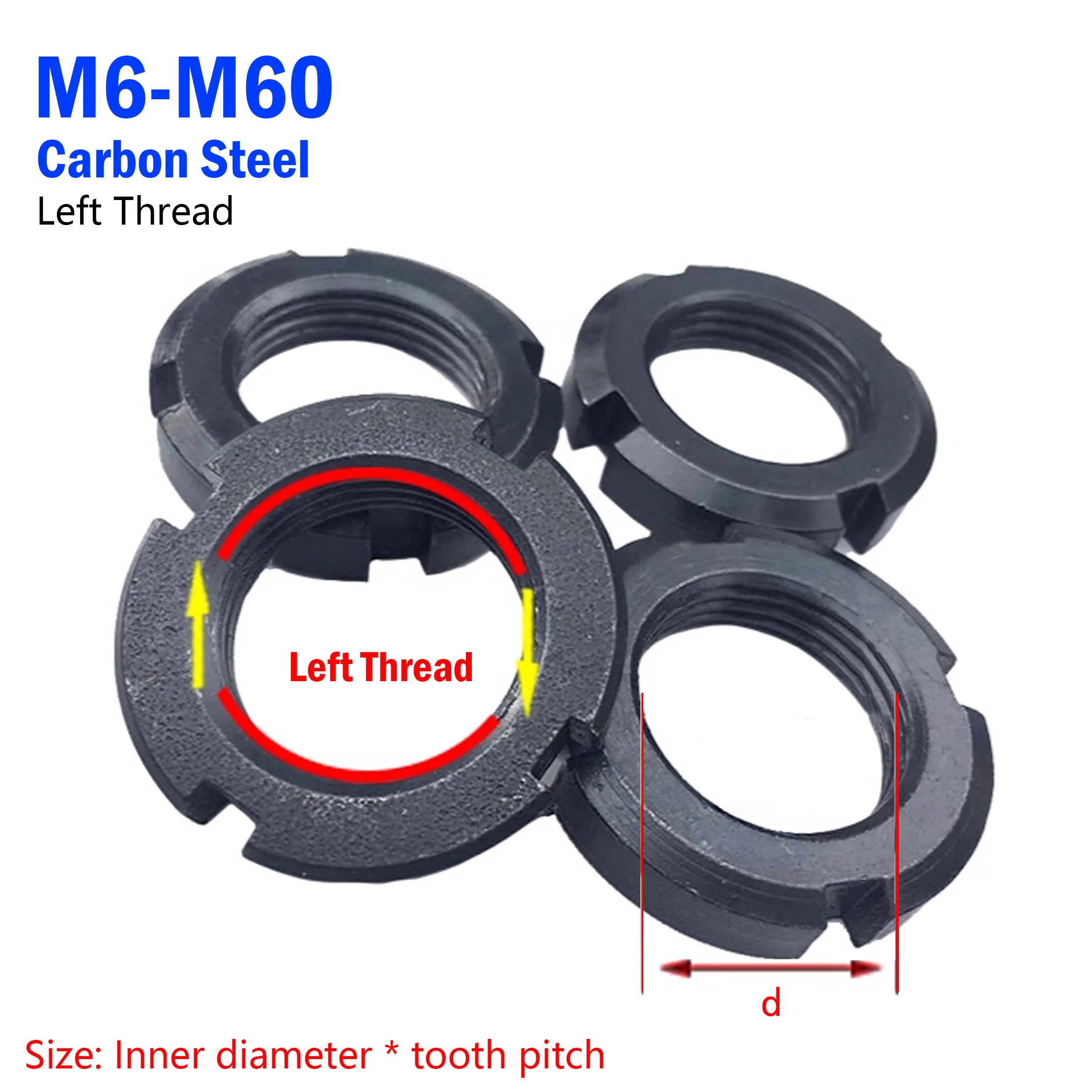 Écrou de blocage sans retour en Nylon et acier au carbone M16-M60, Hélice pour gaucher, Anti-desserrage, écrou rond autobloquant, rainure serrée fendue