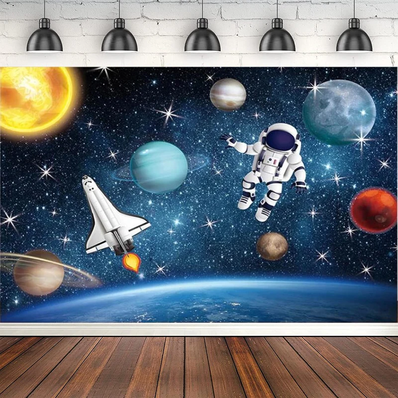 

Photography Backdrop Outer Space Astrology Astronaut Rocket Planet Galaxy Birthday Party Decor Background Poster Photo Studio