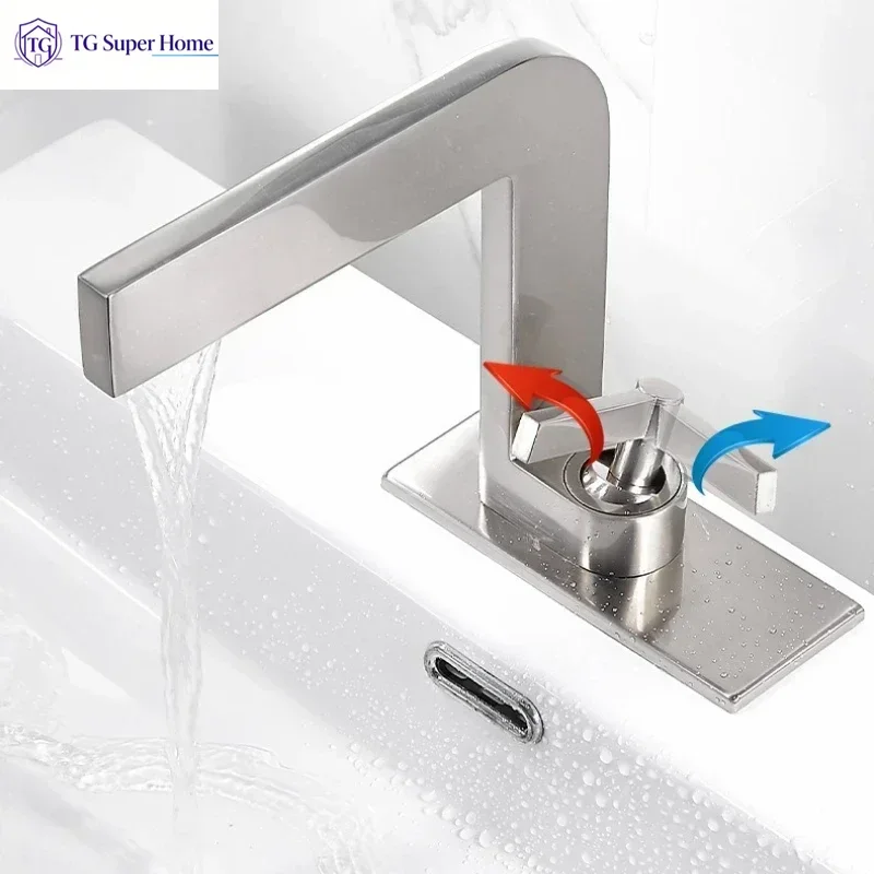 New Minimalist Style Bathroom Brass Single-Hole Basin Faucet with Deck Mount, Single-Hole Hot/Cold Water Faucet
