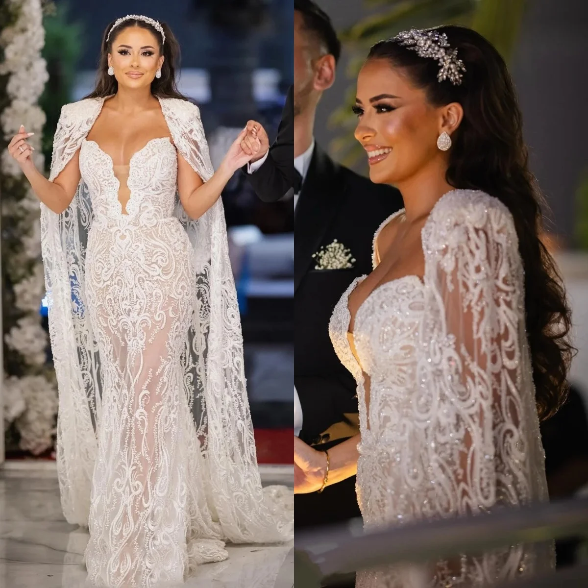 

Stylish Wedding Dresses Beading Appliques Bridal Gowns with Cape Strapless Mermaid Sequins Customized Bride Vestidos De Novia