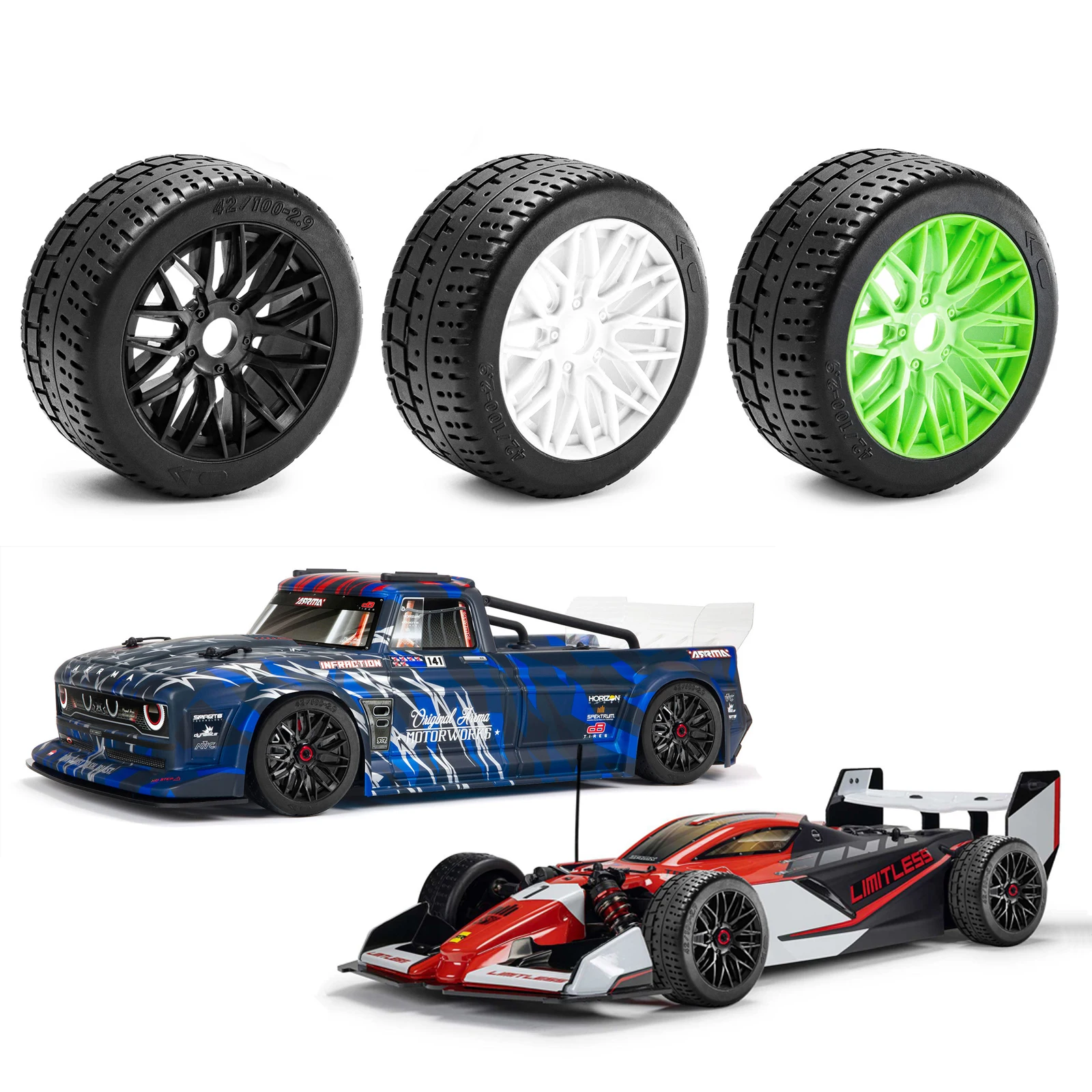 ARRMA 1/7 INFRACTION 6S/LIMITLESS F1 RC 자동차 업그레이드 부품용 4개 102mm 휠 및 타이어 키트(17mm 육각형)