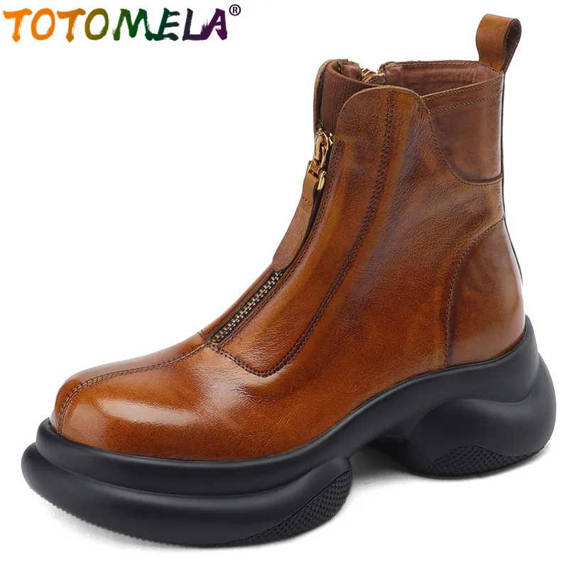 TOTOMELA 2024 New Vintage Genuine Leather Winter Boots Square High Heels Women Boots Female Platform Ankle Boots