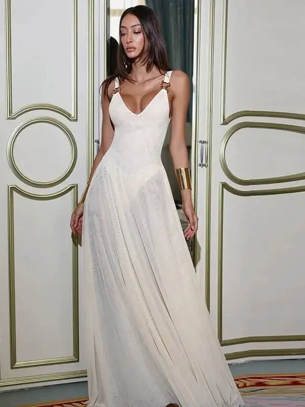 Transparent Mesh Maxi Dress With Bodysuit Plunging Backless Long Summer Dress Women Sexy Beach Party Dresses Fashion 9L9U