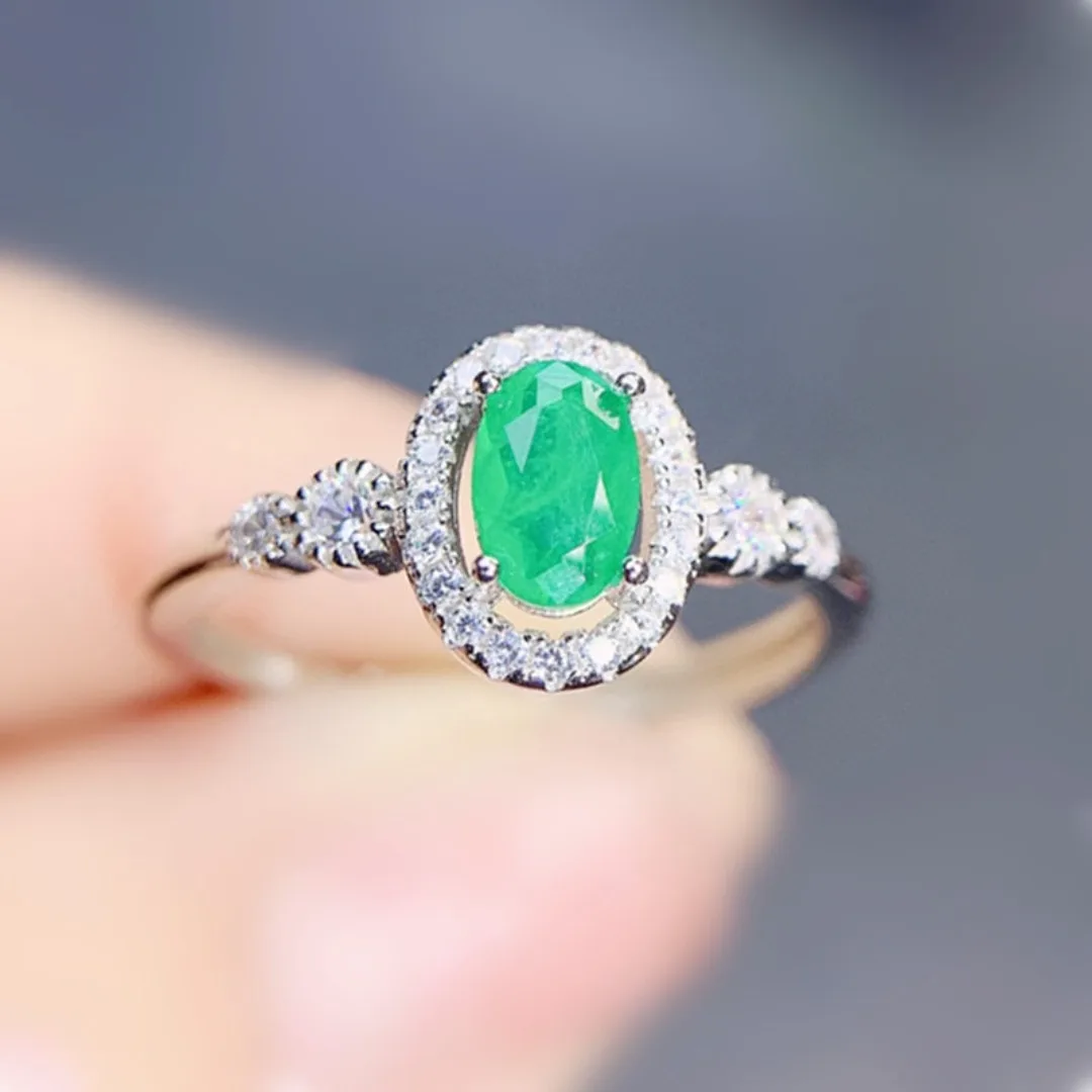 Green Emerald Ring Oval Simple Style Free Shipping 4*6mm 0.5ct Gemstone 925 Sterling Silver Fine Jewelry