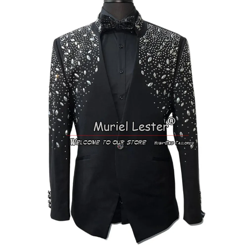 

Luxury Men Suits For Wedding Handmade Crystals Beaded Prom Blazer Sets Bespoke Groom Wear Single Breasted Jacket Pants 2 Pieces